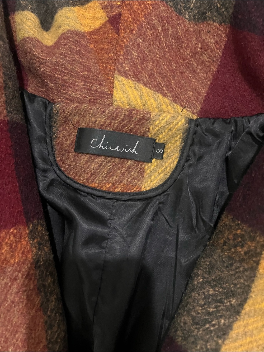 Chicwish Plaid Wrap Coat in Burgundy, Mustard & Olive size S - Picture 5 of 10